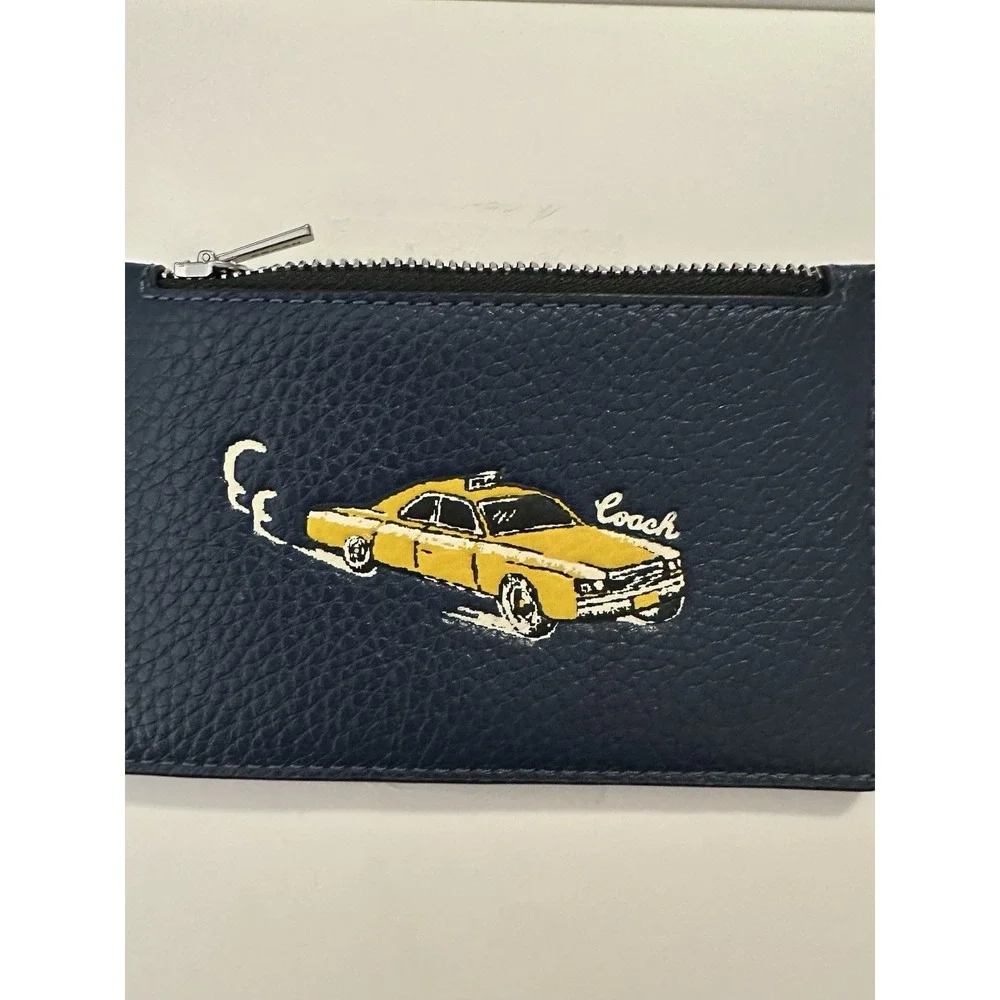 New Coach Zip Card Case With Car Print  Refined Pebble Leather Deep Blue Multi